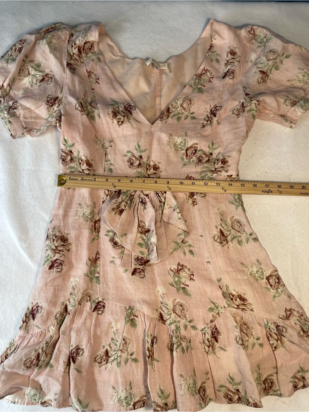 LoveShackFancy Pink Floral Linen Mini Dress Puff Sleeve Bow Detail Size Large - Picture 10 of 11